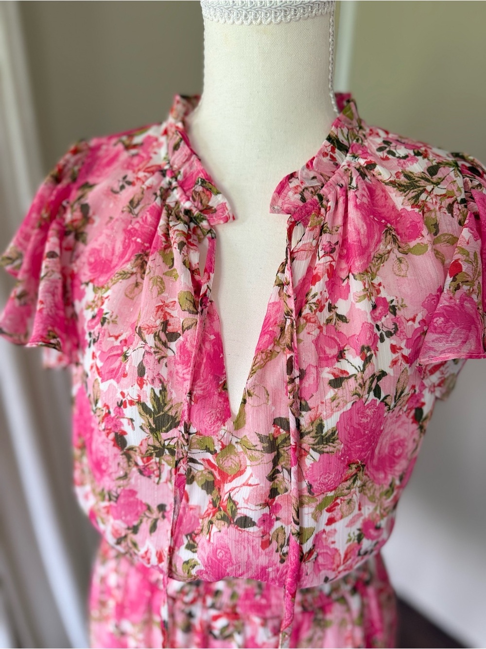 MSK Smocked Waist Tie Crew Neck Dress Pink Floral Ruffle Mini Dress fairycore S - Picture 7 of 12